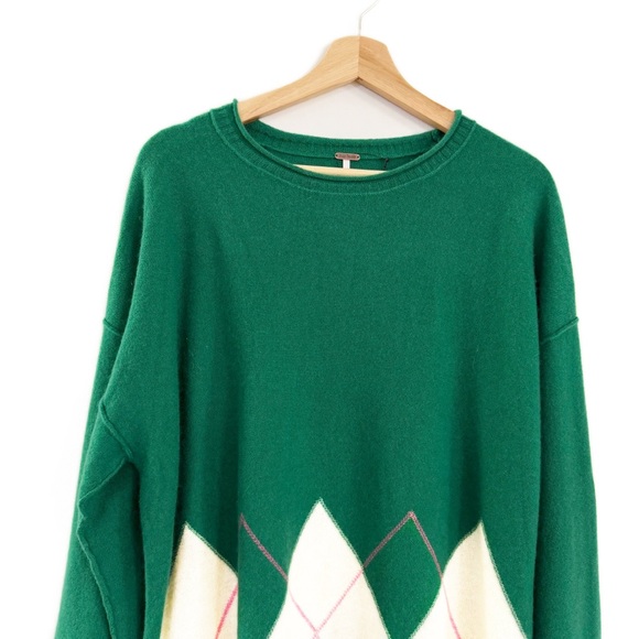 Free People Sweater Womens Medium 100% Cashmere Addie Argyle Green Oversized - Picture 4 of 12